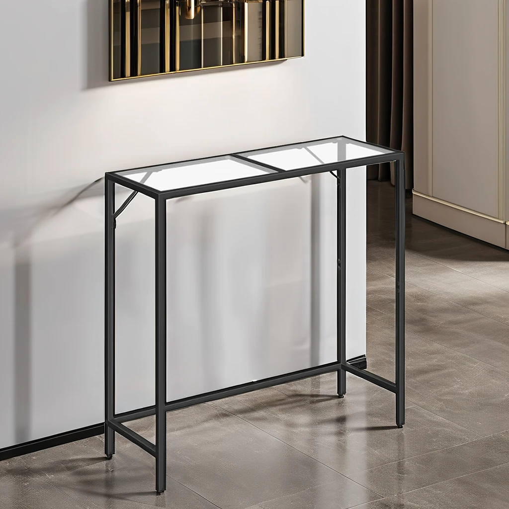 Modern Luxury Black Metal Frame Tempered Glass Console Table Narrow Sofa Side Table for Entrance, Living Room, Hallway
