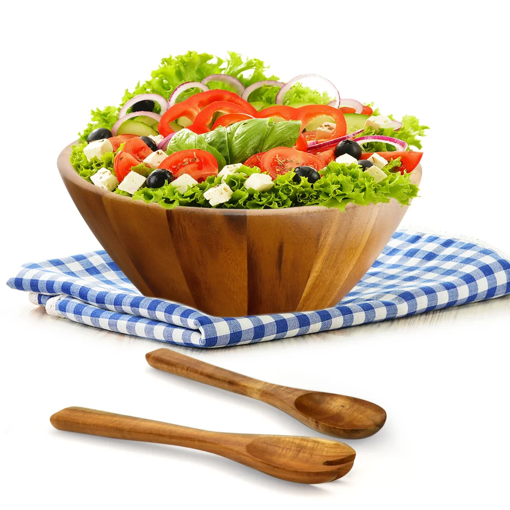 3pcs Acacia Wooden Salad Bowl Set - 12 Inches Hardwood Servers Set with Big Salad Bowls