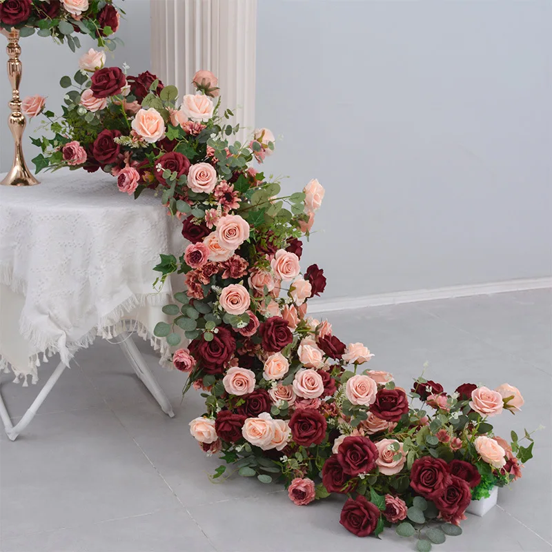 B-FR005 Wholesale artificial purple flower runner decoration silk flower runner wedding table artificial flower runner