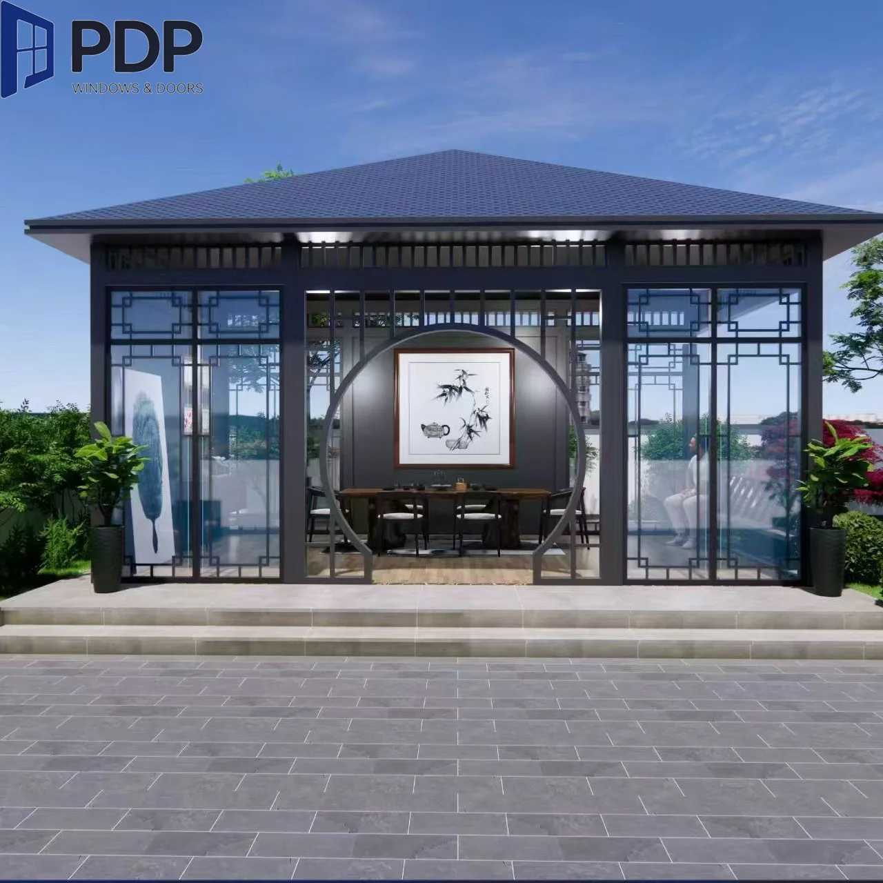 Outdoor Rain-Proof Garden Landscape Pavilion with Windproof Wooden Frame Aluminum Type