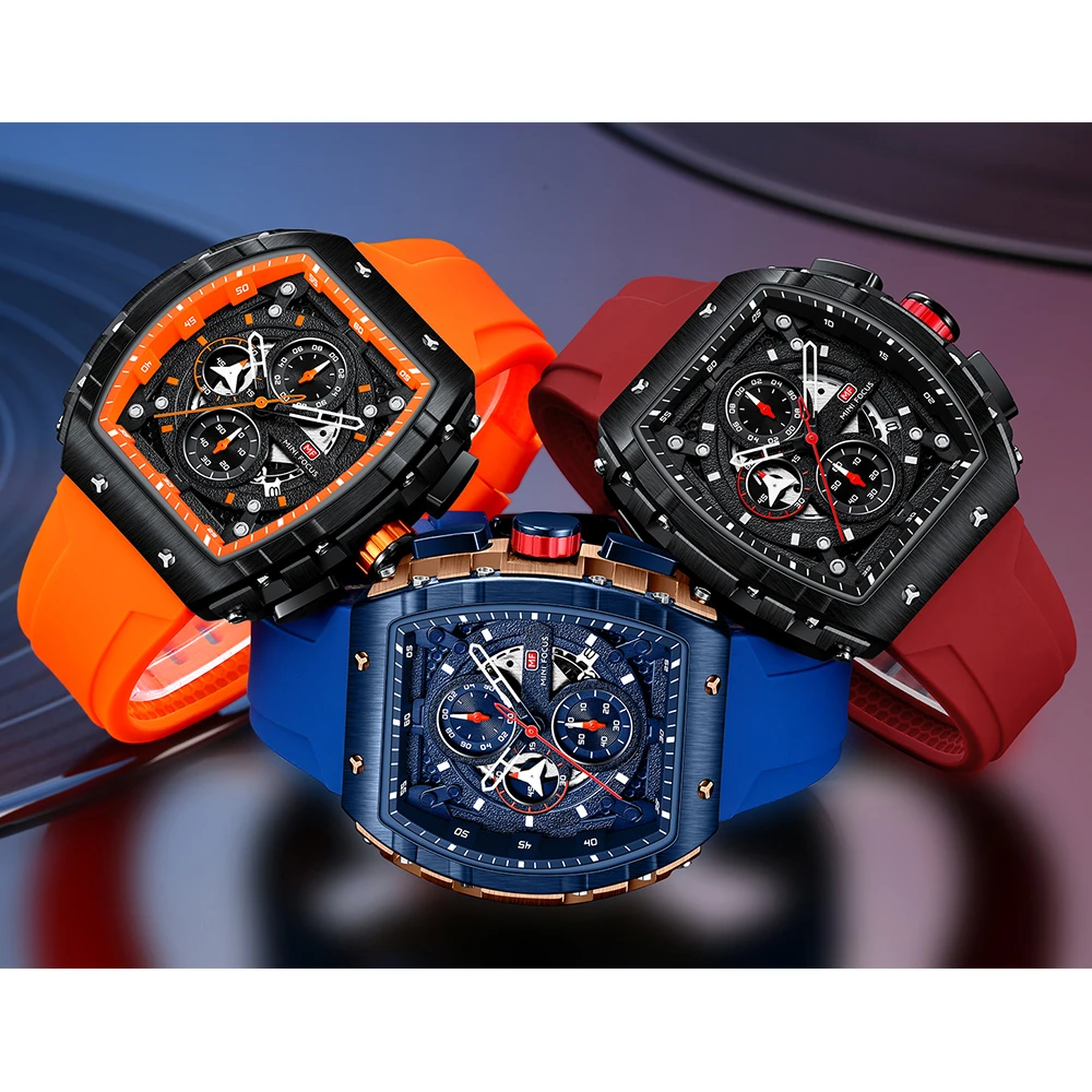 MINI FOCUS Chronograph Quartz Watch for Men Dial Sport Wristwatch with Silicone Strap Auto Date MF0399G