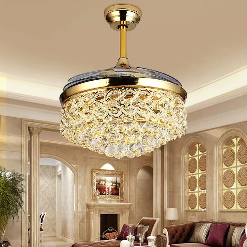 Dropship Guzhen Gold Color Luxury K9 Crystal Remote Control Invisible Ceiling Fan Lights Ceiling Fan With Light Fan Chandelier