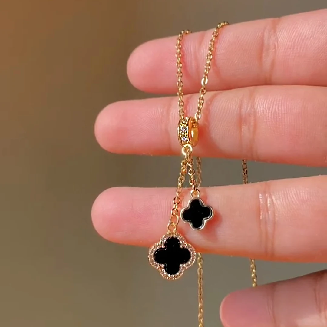 September Four Leaf Black Diamond  Gemstone Jewelry Lucky Clover Gold Plated Pendant Necklace