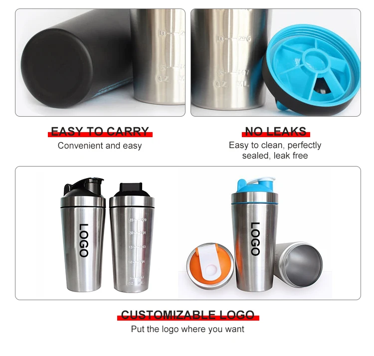 Wholesale 750ml Stainless Steel Custom Logo Gym Fitness Sports Protein Metal Shaker Bottle With Blender Mixer Ball