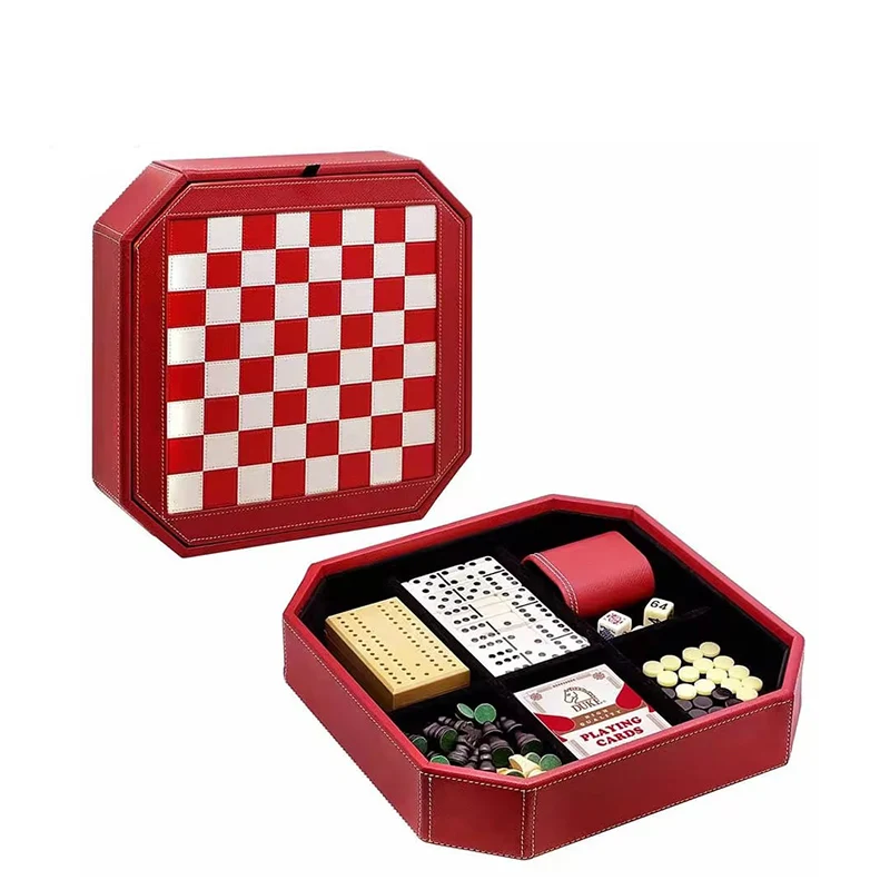 Wholesale 7 in 1 Octangle Shape Chess set PU Leather Backgammon Chessboard Game Checker Pieces Sets