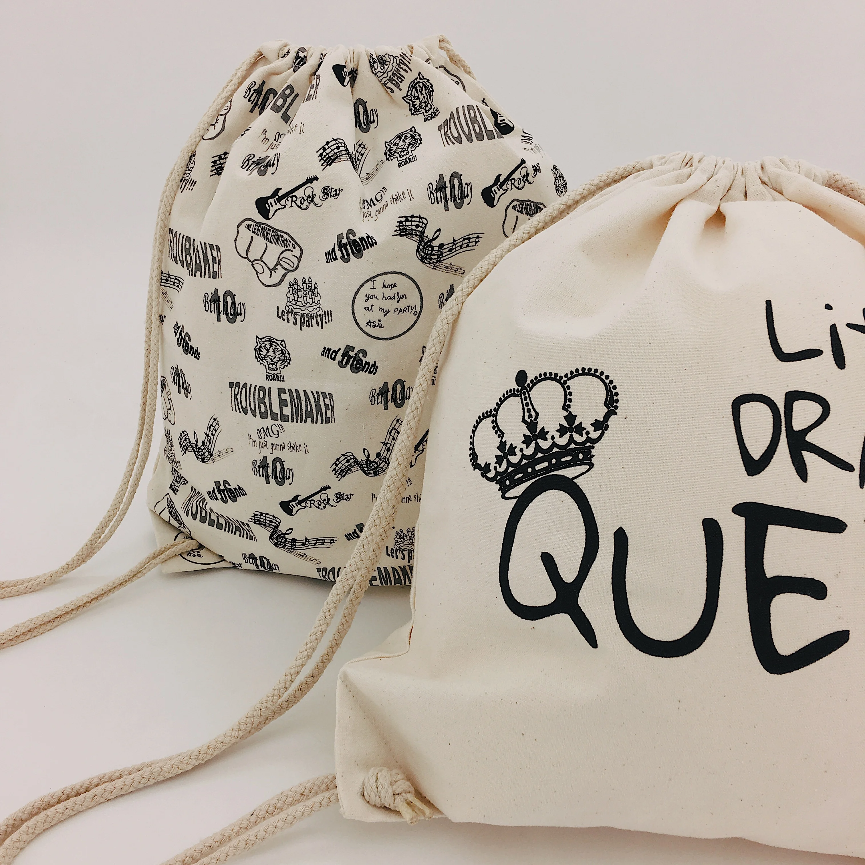 custom print organic cotton twill fabric cartoon custom silk drawstring bag gym/shoe bag