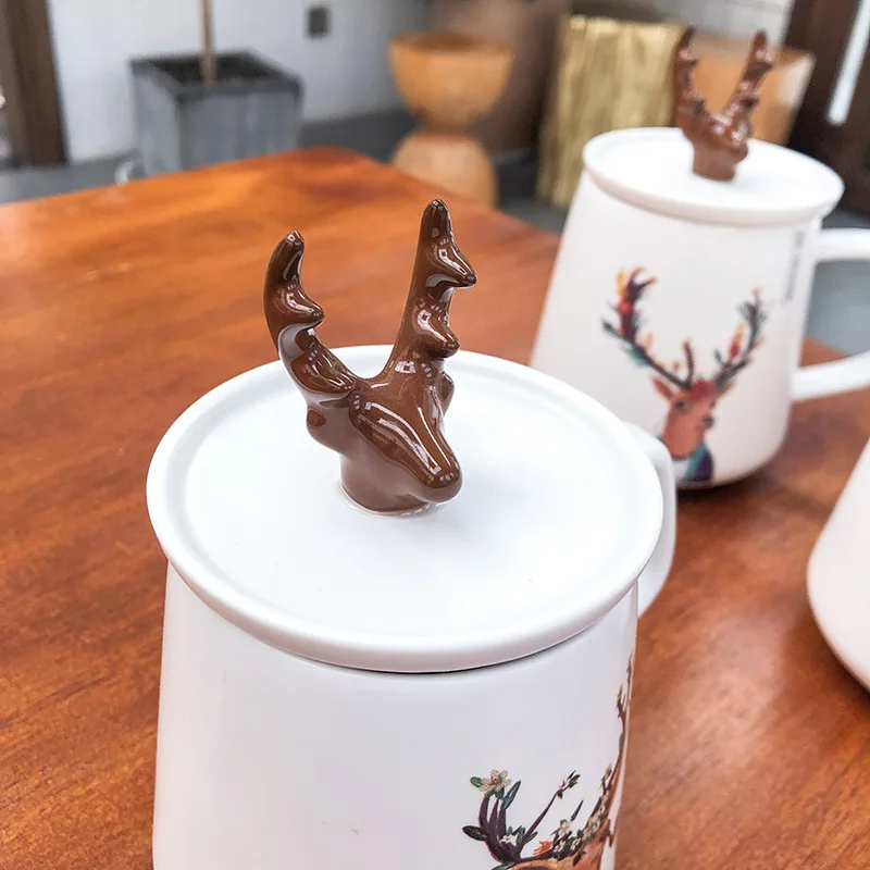 450ml Hot Ins Creative  Handmade Cute Antler Ceramic Mug Tea Cups Ceramics Porcelain Office Coffee Cup with Lid