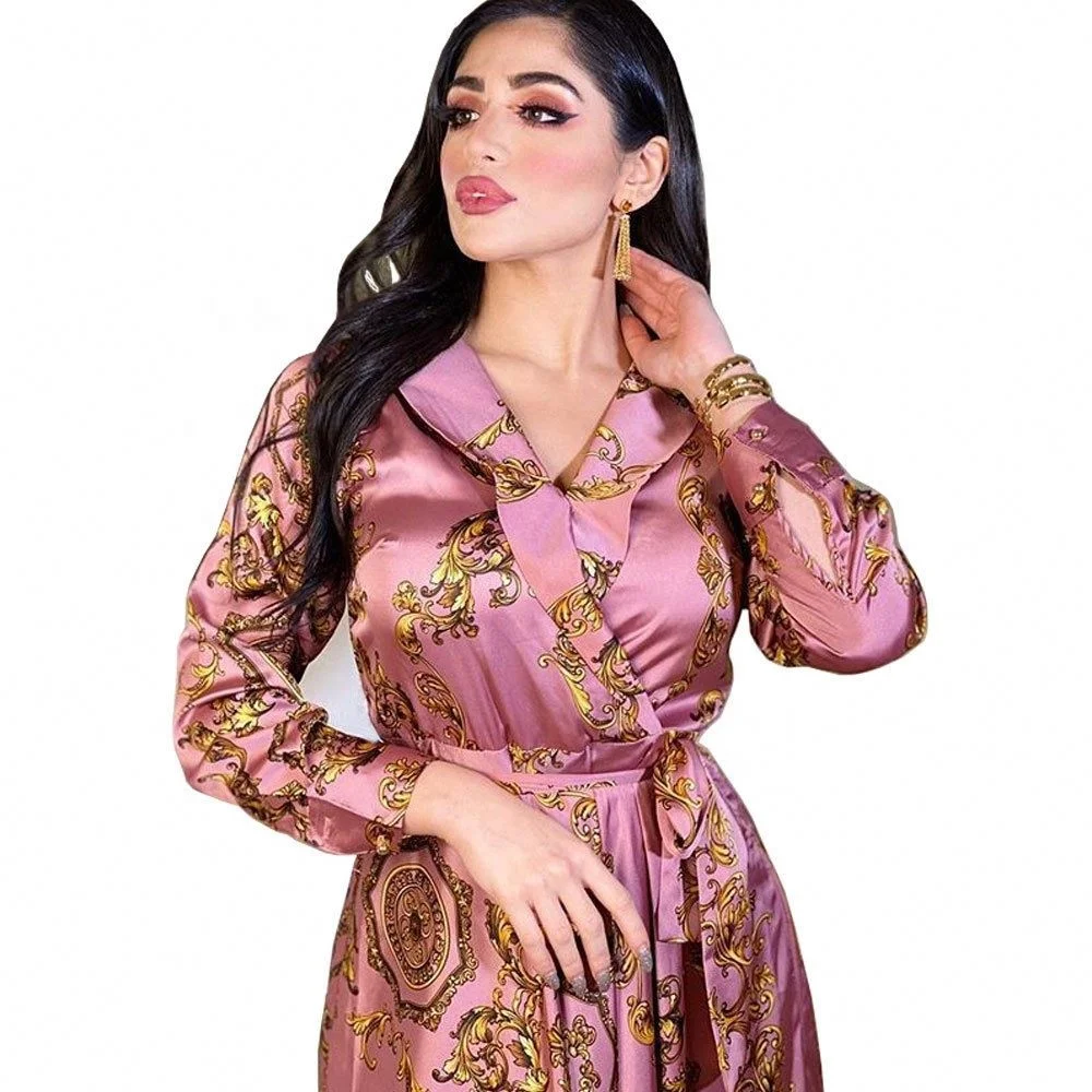 kc Middle East Abaya Women Muslim Dress Elegant Floral Printing Evening Dresses Long Sleeves Maxi Dress Ladies Abaya Dubai