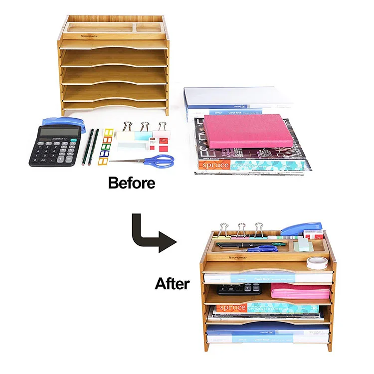 Office desk organizer adjustable height removable 5 tier a4 bamboo document letter magazine file tray