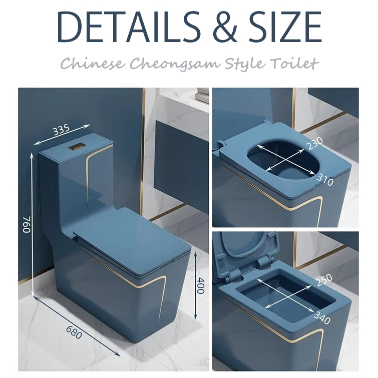 Modern Hot Sale Hotel Bathroom Freestanding Ceramic White Black Blue Gray Toilet with Gold Trim Floor Mounted One Piece Toilet