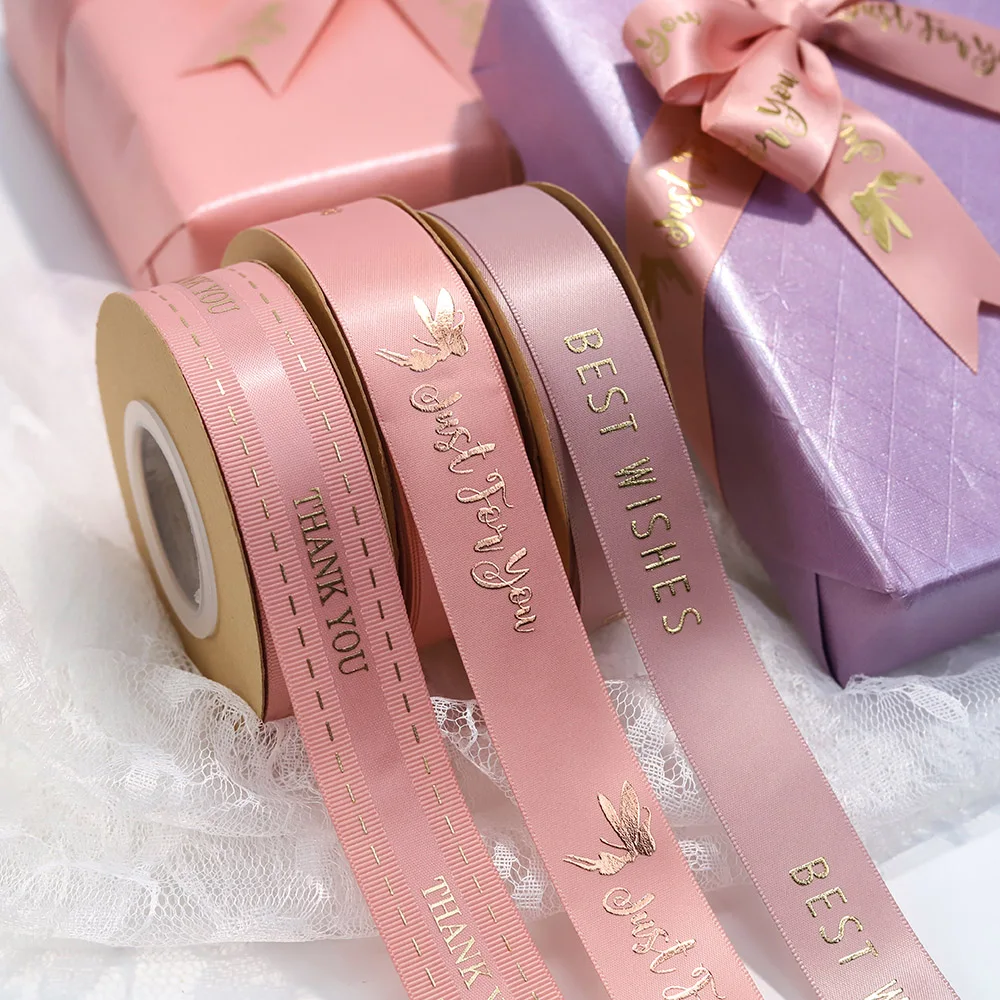 Custom Gift Wrapping Embossed rose gold Printed Recycled 100% Polyester Pink Grosgrain Satin Ribbon With Logo Brand