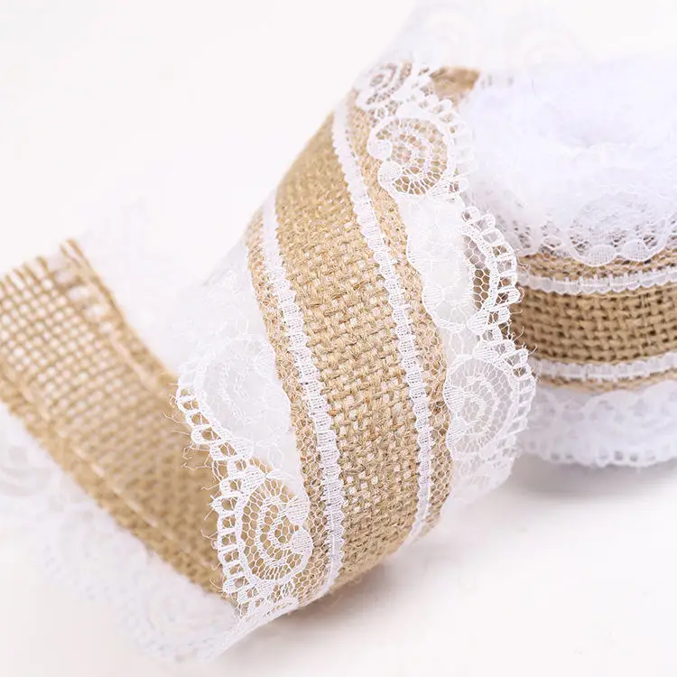 natural burlap jute ribbon with black lace trims tape for DIY rustic hessian craft ribbon for vintage wedding wreath burlap roll