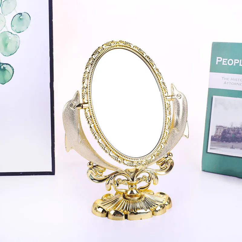 Gold silver European desktop double-sided mirror creative dolphin desktop makeup mirror double-sided rotating beauty mirror