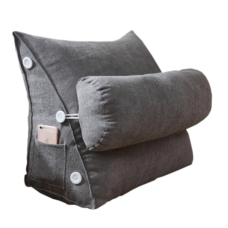 Triangle Backrest Support Reading Pillow Wedge Pillow Lounge Cushion with Pockets Detachable Neck Roll Bedroom bed