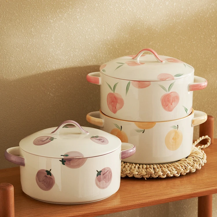 Porcelain Tableware Rice Salad Instant Noodle Binaural Serving Bowl With Lid Ceramic Soup Bowl With Handles 3250