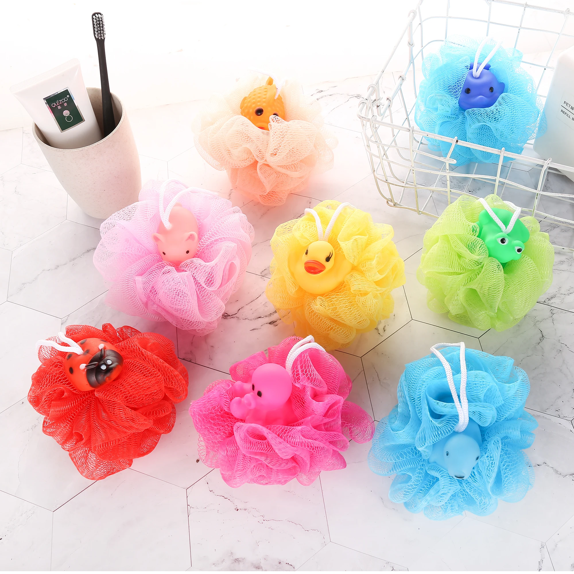Loofah Exfoliating Shower Stuffed Sponge Pouf Mesh Brush with Animal Design Bath Spa Puff Scrubber Ball Body Poof for Children