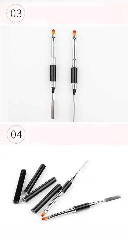 Black Metal Handle Nail Pen Double Heads Nylon Hair Gel Painting Nail Art Brush with Nail Spatula Pusher