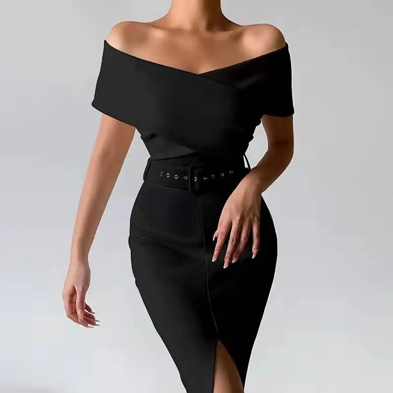 Весенне-летнее Новое модное пикантное облегающее офисное платье с открытыми плечами и поясом с разрезом