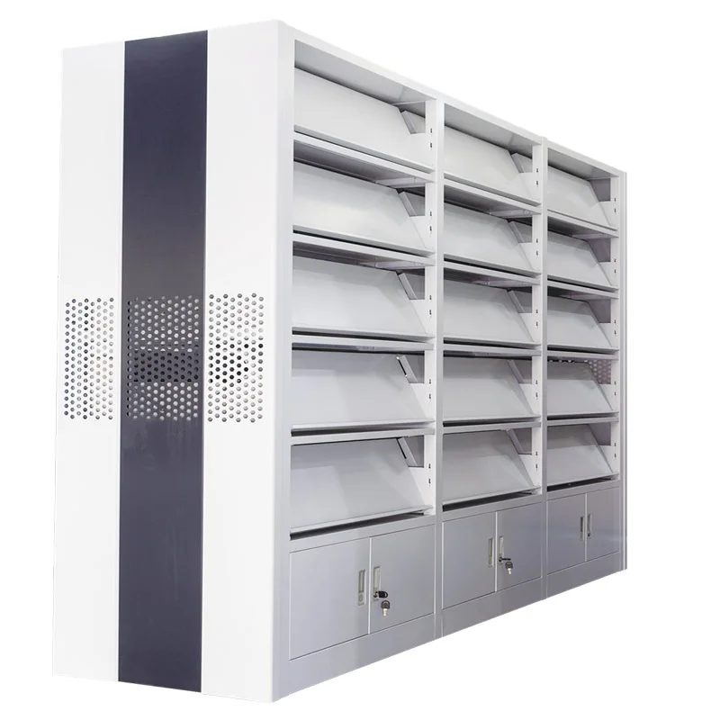 Powder Coating White Double Sides 3 Bays 5 Floors 3 Cabinets Library School Furniture Steel Magazine Holder For Book Shelf