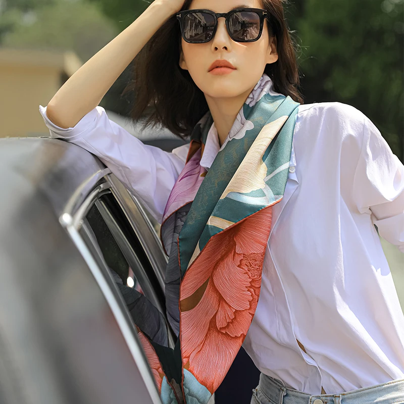 Женский квадратный шелковый шарф с цифровой печатью, 100% чистая саржа, 90 см