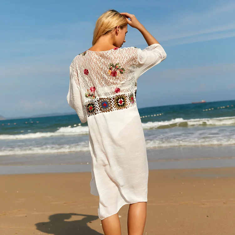 2022  Beach Cover Up White Tunic Dress Women Clothing Plus Size Beach Cover Ups Hollow Out Overall