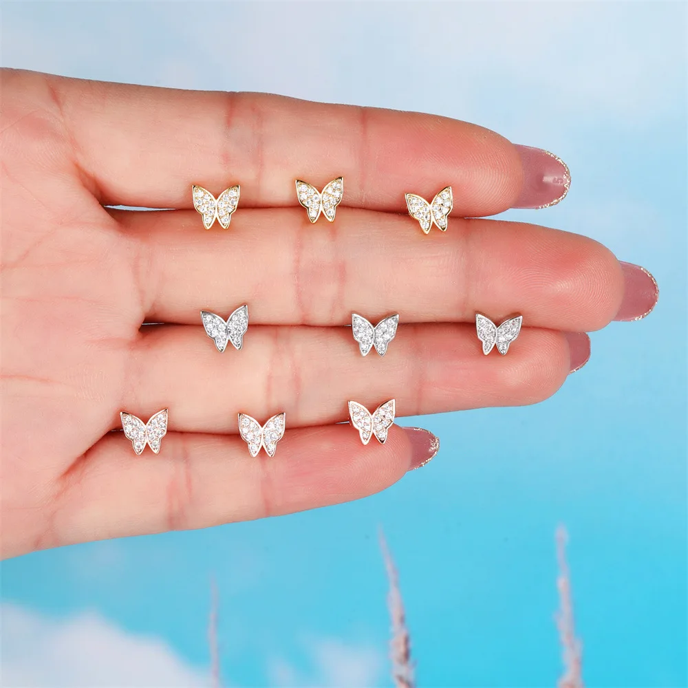 Classic Temperament Zircon Butterfly Earrings 18K Gold Plated Does Not Fade Puncture Lock Ball Screw Twist Female Ear Bone Studs