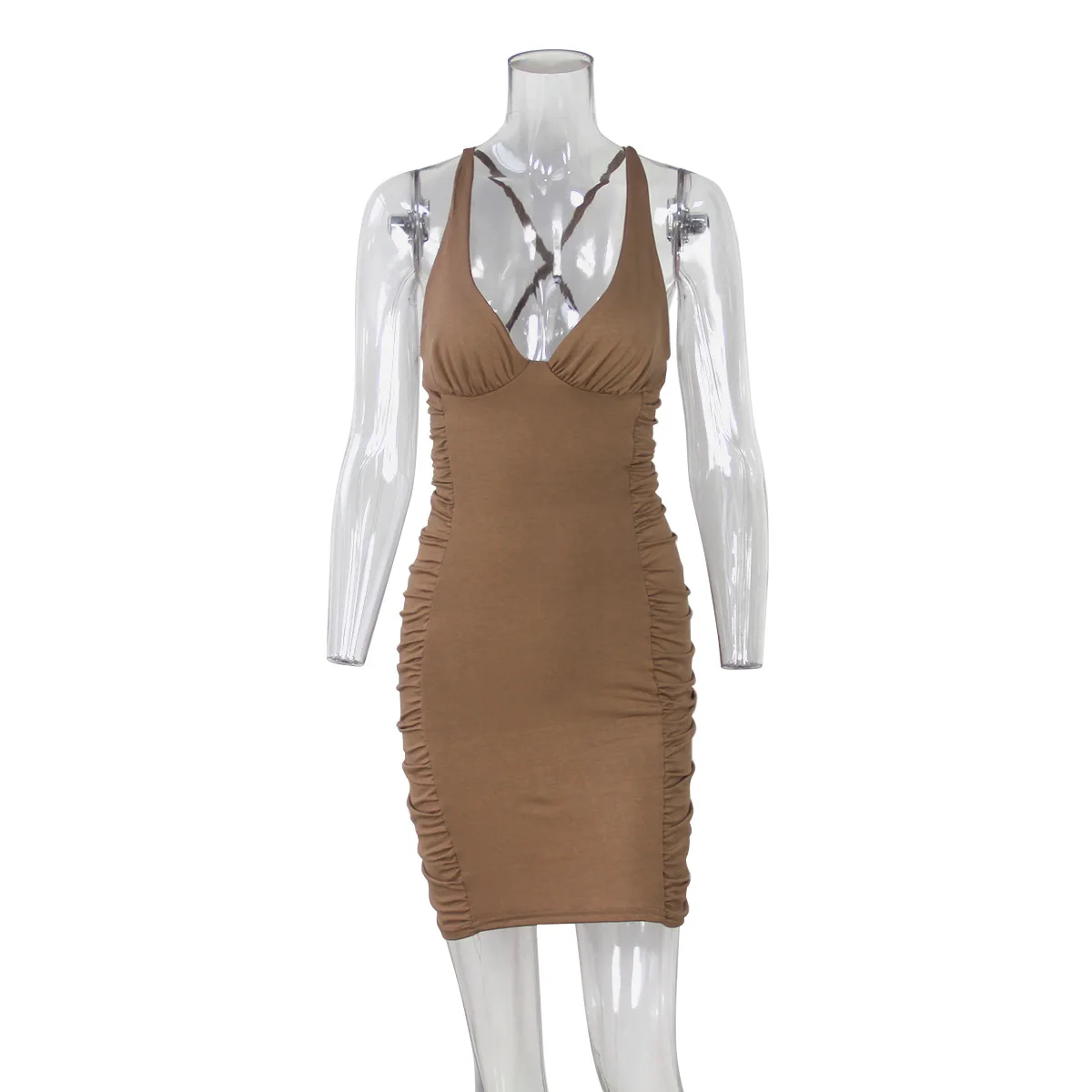 Good Quality V- Neck Collar Mini Solid color Sexy & Club Style Lady Bodycon  Dress Women