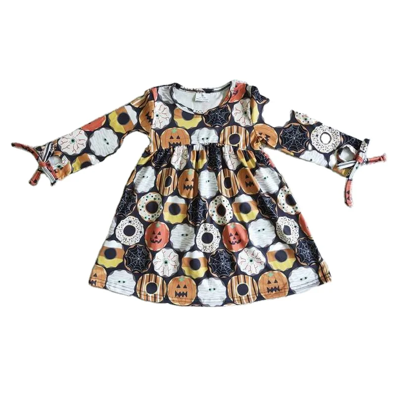 RTS New Arrivals Black Pumpkin Print Wholesale Clothing Kids Short Sleeve Dress Baby Kids Print Dress Children Daily Wearing