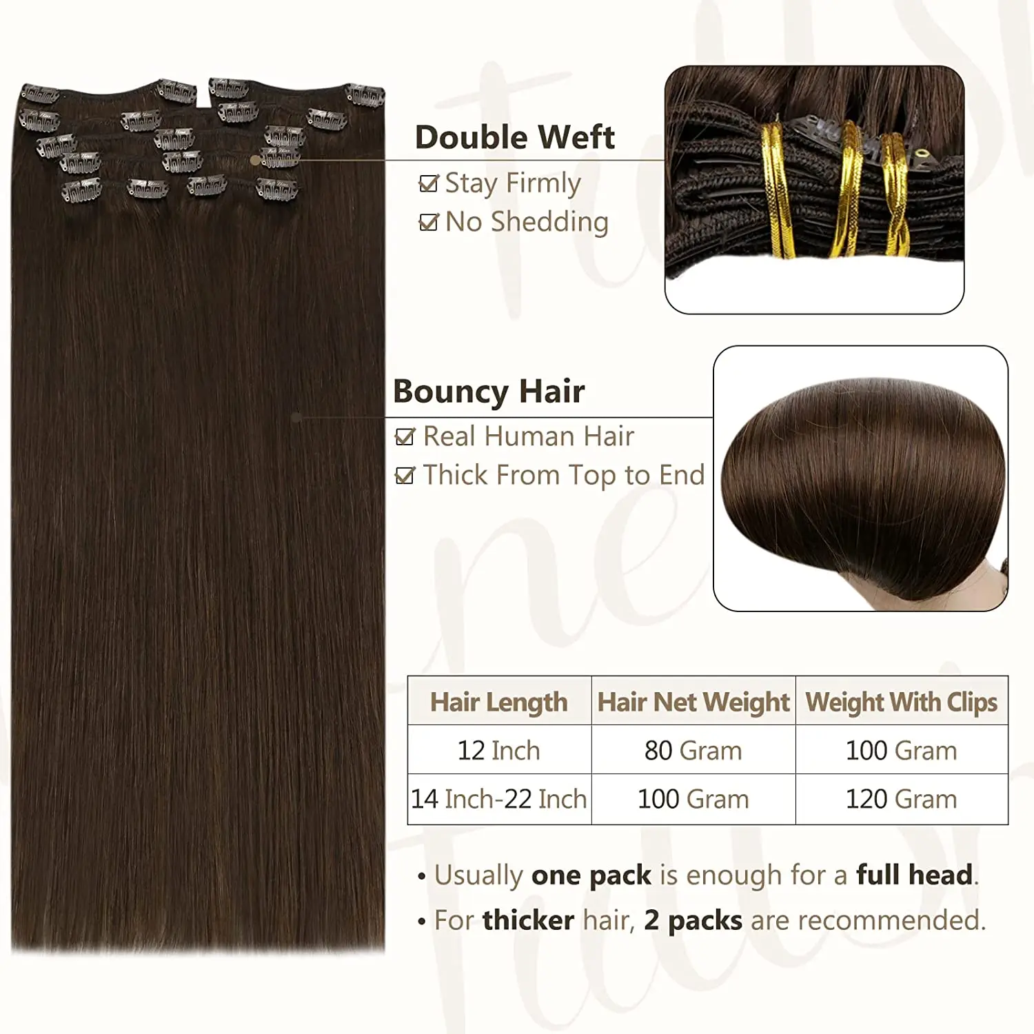 Full Shine Factory Direct Sales #4 Dark Brown Real Human Hair Extension Clip on Brazilian Remy Hair