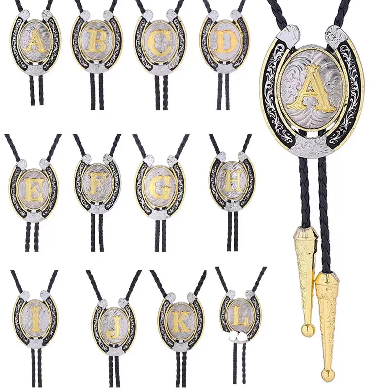 U shape two-color plating zinc alloy western cowboy bolo tie clip Black leather rope animal Bolo tie Necklace for men
