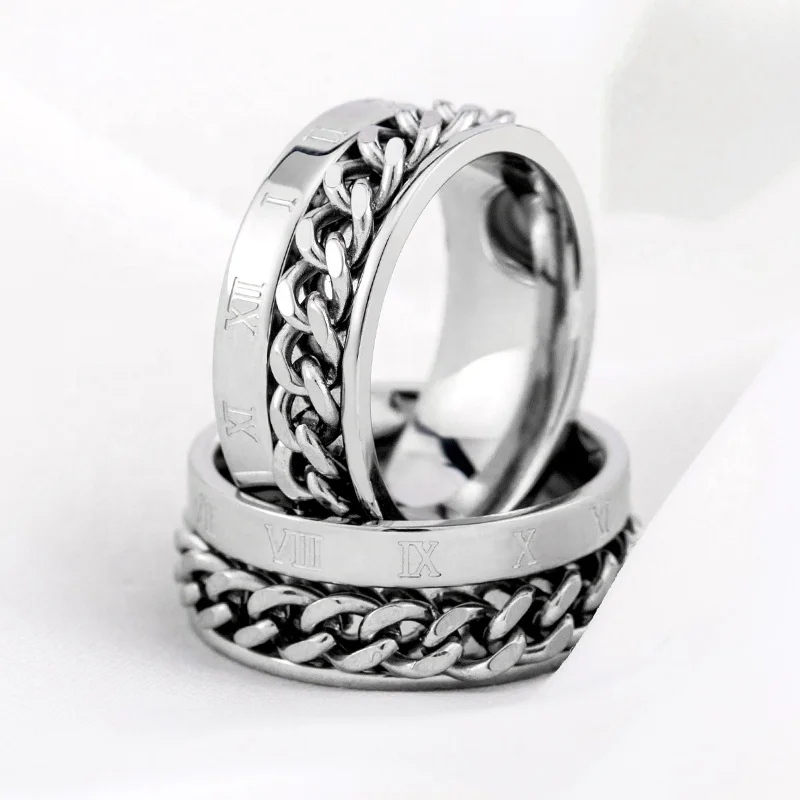 Retro Fashion Hip Hop Men And Women Waterproof Stainless Steel Roman Numeral Rotating Chain Rings For Couple Wedding Jewelry