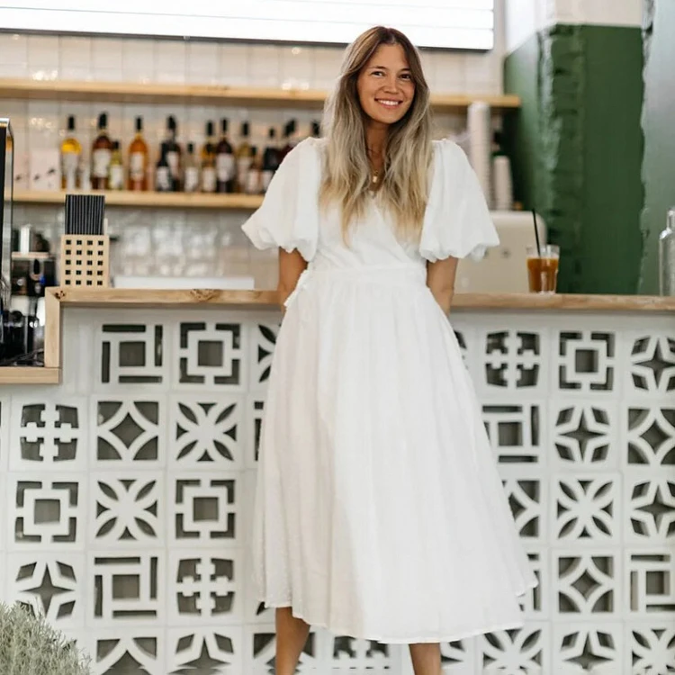 Casual Women Dresses Solid Simple V Neck Short Puff Sleeve Cotton High Waist Lace Up Wrap Robe Midi Elegant Maxi Ladies Dress