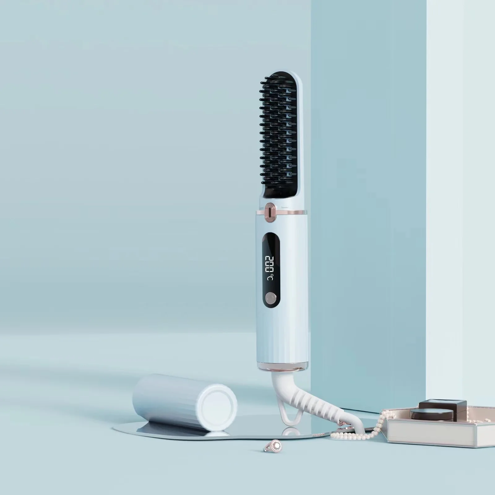 2 In 1 Cordless Portable Straightening Brush 30s Fast Heating Electric Comb Hair Straightening Lcd Display For Smooth