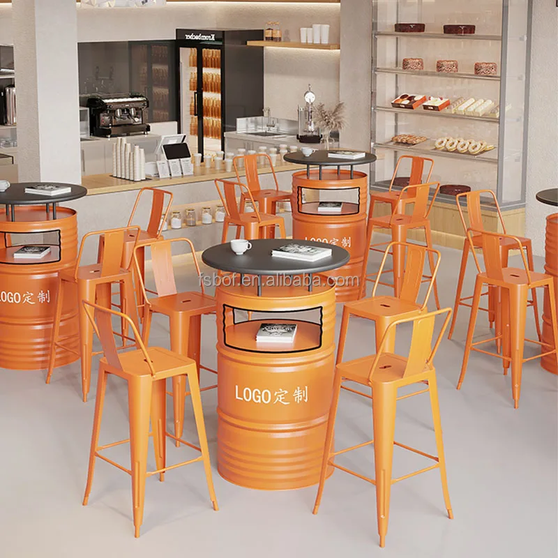 industrial oil drum design restaurant furniture high bar table and chairs high top bar tables and tall chair