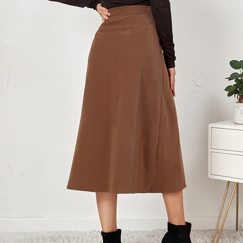 Channel Casual Women High Waist Button Front A Line Corduroy Midi Skirts Fall