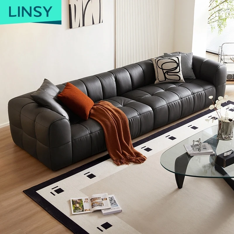 Linsy American Style Light Luxury Leather High Quality Pure black Modern Sofa