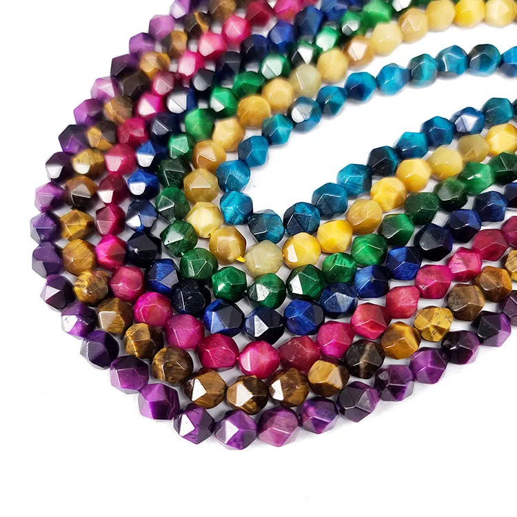 TE3040 Blue Green Fuchsia Yellow Golden Diamond Star Cut Faceted Tiger Eye Stone Beads