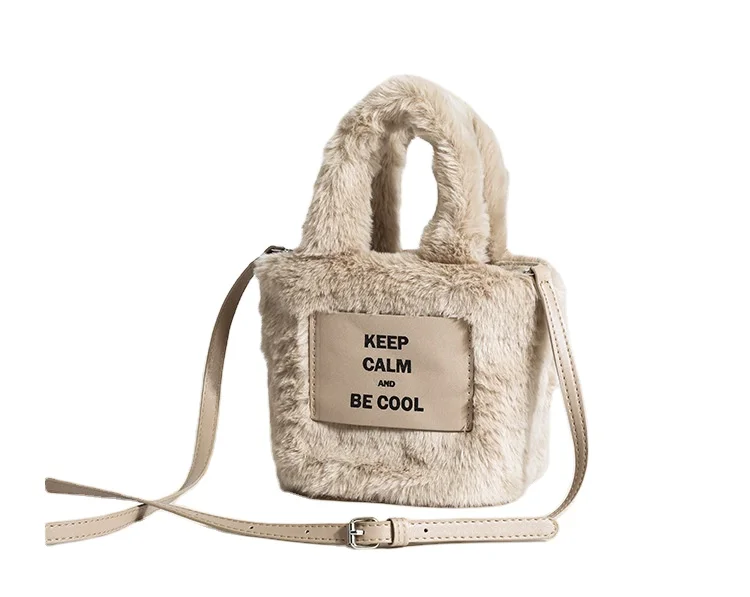 Korea Luxury Winter Women Small Plush Soft Faux Fur Tote Handbags Velvet Fluffy Bucket Shoulder Bag
