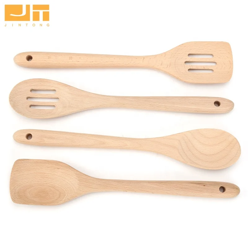 Premium Beech Wooden Cooking Set 4Pcs With Hanging Hole Natural Color Turner Spoon Slotted Spatula For Kitchen