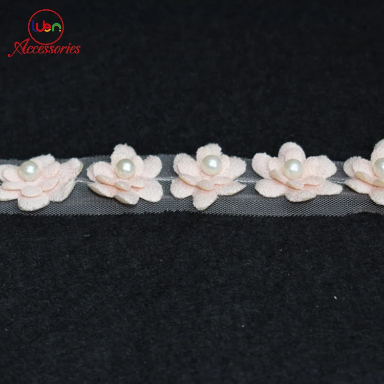 Wholesale chiffon 3d flower embroidery border lace with pearls