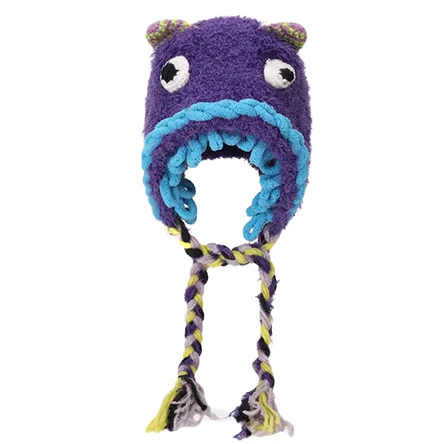 2024 Spot wholesale new cartoon cute plush ear protection little monster knitted hat personality fashion handmade wool hat