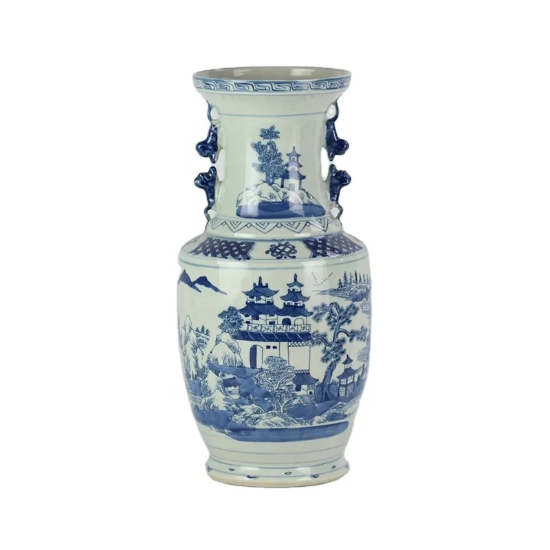 RYVM27 Antique hand-painted blue and white pavilion vase flower arrangement ceramic crafts