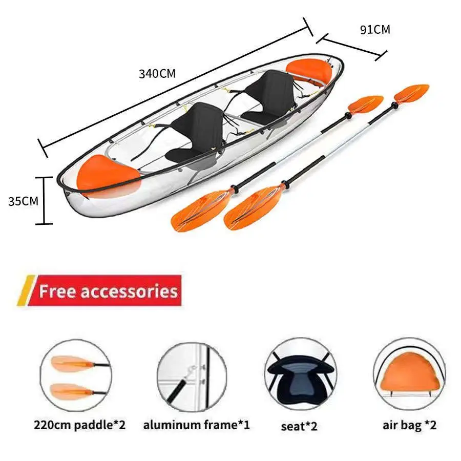 Manufacturer double seat clear kayak canoe 2 person transparent kayak boat sea fishing clear kayak for sale