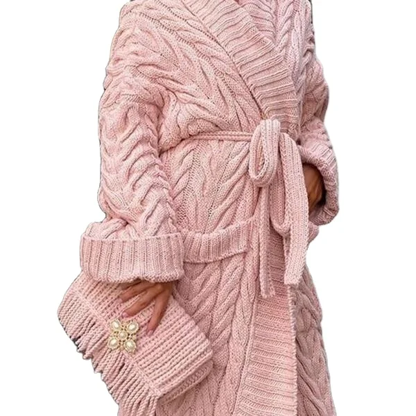 Custom Extra Long Bandage Closure Knitwear Coats Rolled Cuffs Cable Scarf Collar Robe Dress Women Belted Knit Cardigan Sweater