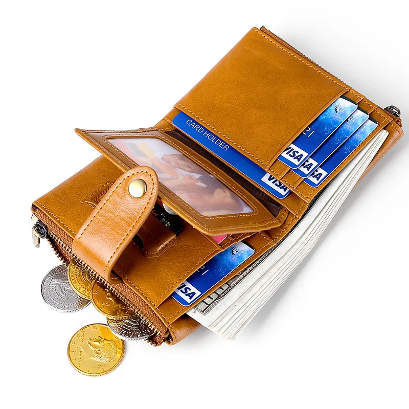 
atinfor Genuine Leather RFID Blocking Men Short Wallets Retro Oil Wax Cowhide Casual Travel Small Coin Purse 