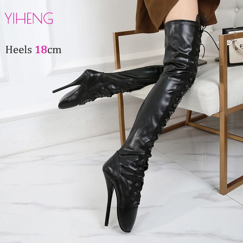 Extreme Sexy Fetish 18cm 7.2Inches Heel Gothic Shoes Drag Queen Cross-Tied Over Knee Thigh High Long Ballet Boots Size 36-46