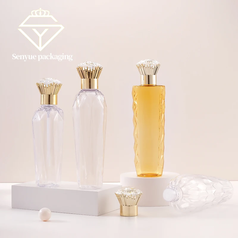 Luxury Diamond Cap Toner Large Capacity Emulsion Bottle PET Wash and Care Wide Mouth Bottle Packaging Materials