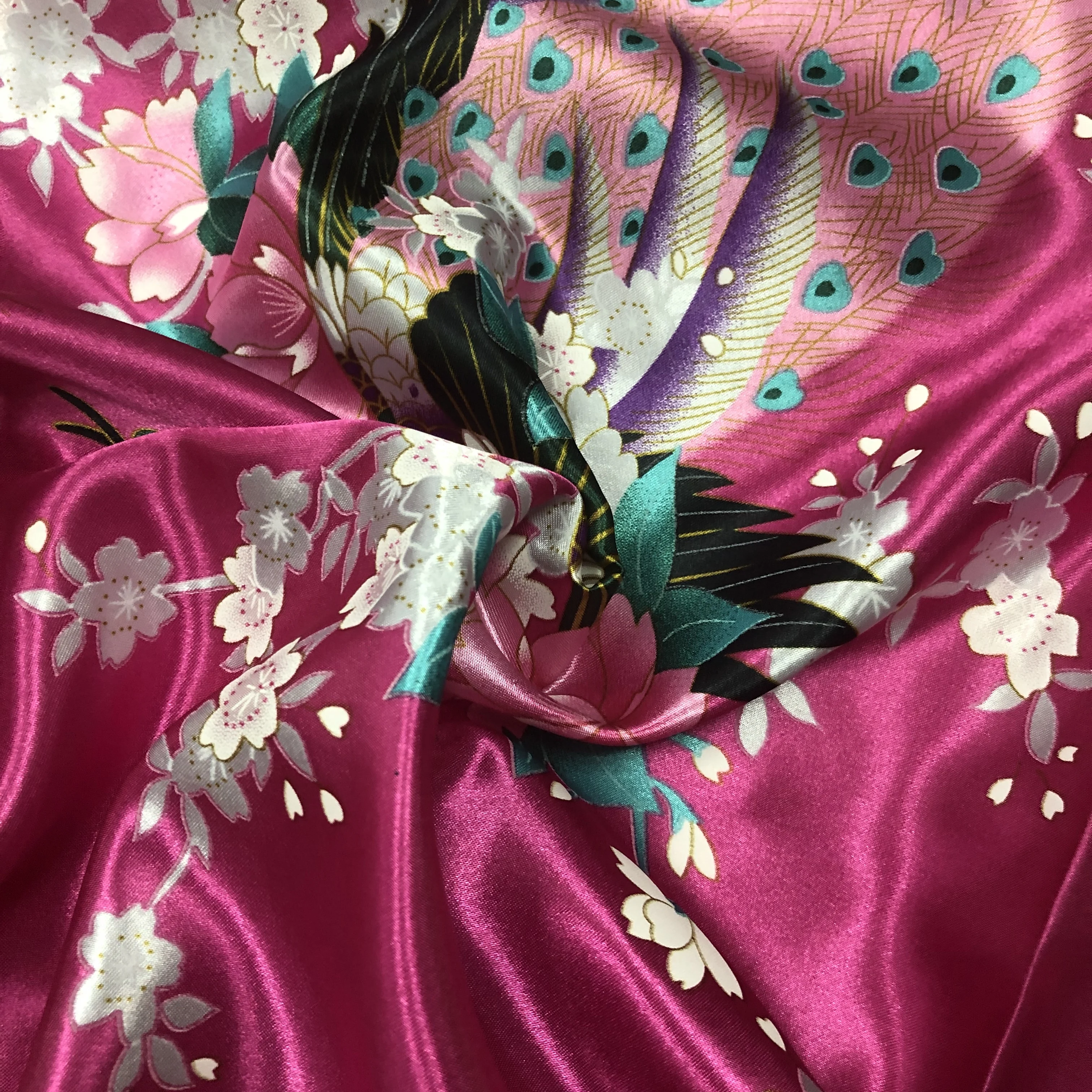 High Quality 100% Polyester Wholesale Peacock  Printed Satin Fabric for Women Clothing Dress