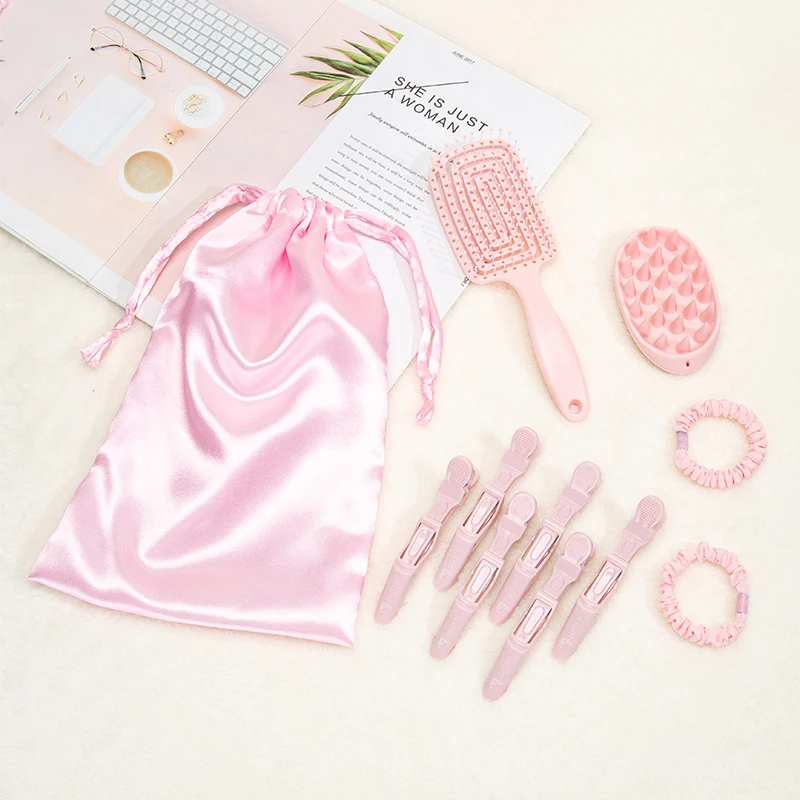 Integrated silicone massage shampoo brush Mulberry Silk Hair Ring Rib shaped curly hair comb with Satin Bag alligator clips