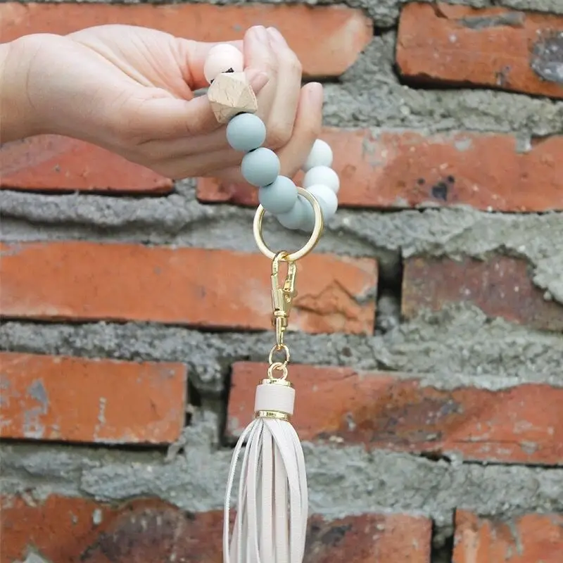 Wood bead Wristlet food grade Key Ring Keyrings Holder Silicone evil Bead eye Tassel Bracelet Bangle Keychain for women